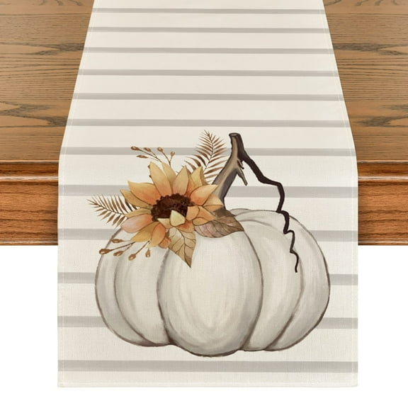 Stripes Pumpkin Sunflower Leaves Fall Table Runner, Seasonal Autumn Kitchen Dining Table Decoration for Outdoor Home Party （33*183cm)
