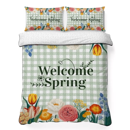 Welcome Spring Full Quilt Bedding Set Watercolor Flowers Farmhouse Green Leaves Plaid Lightweight Comforter with 2 Pillow Shams Bedroom Bedspread Set Home Decor for All Seasons
