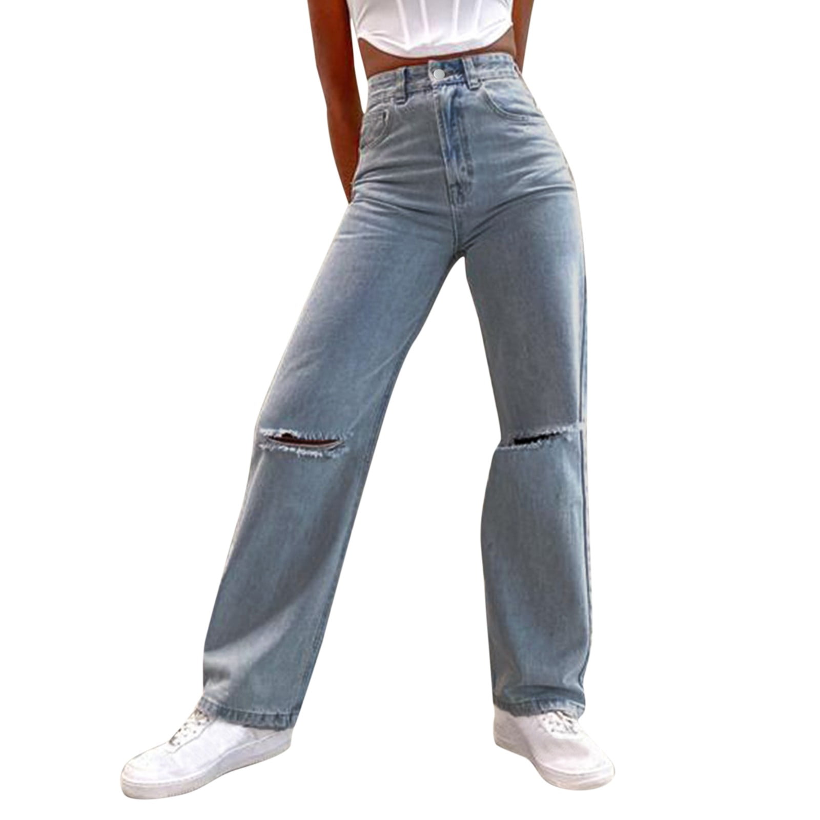 NECHOLOGY Women Pull-on Distressed Denim Elastic Waist Stretch PantsWomen Jeans Blue X-Large - Walmart.com