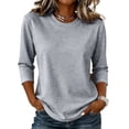thumbnail image 2 of Womens Tops 3/4 Sleeve Shirts Round Neck Loose Casual Blouses Solid Color Tshirts Light Gray M, 2 of 6