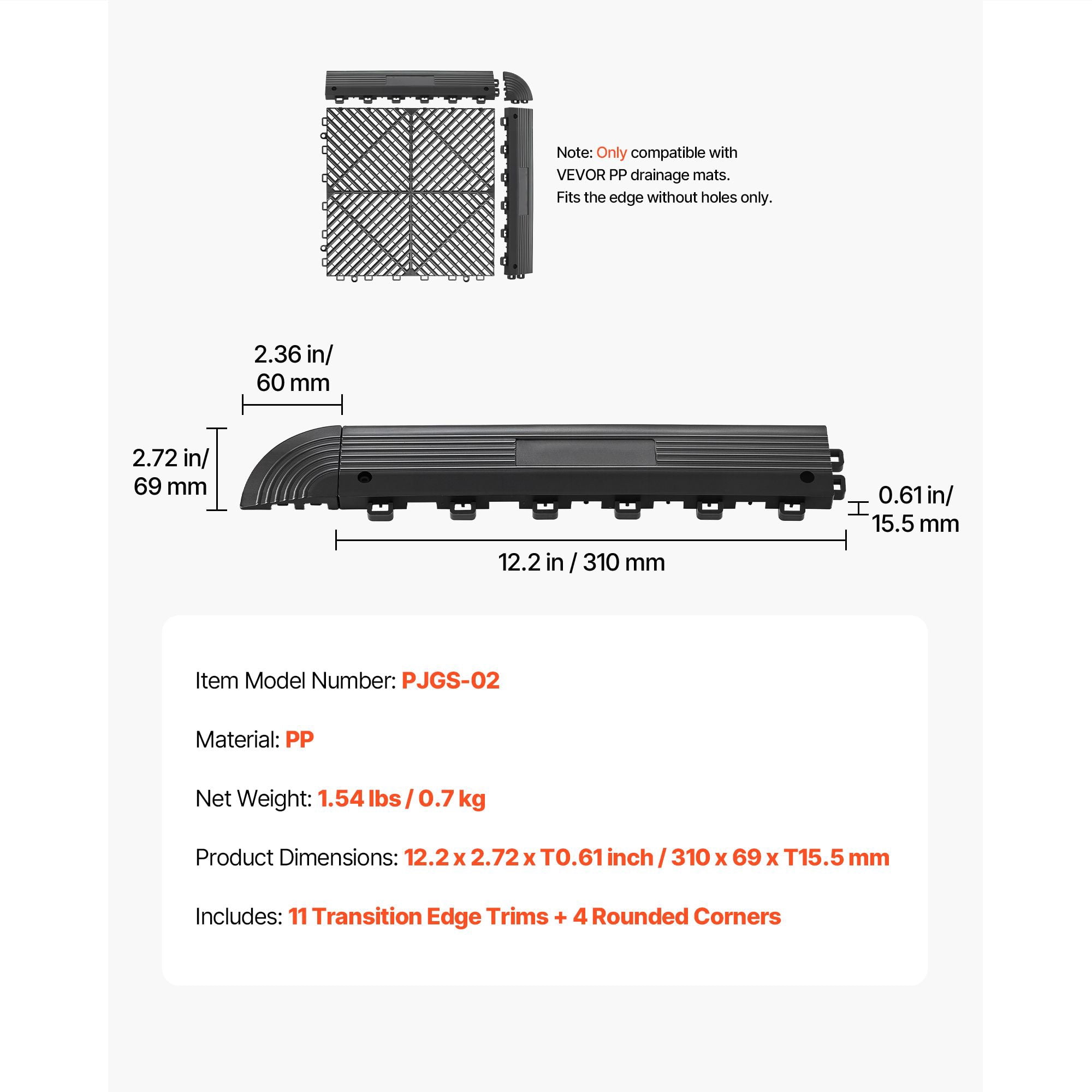 PP Transition Edge Kit for Drainage Mats, Interlocking Garage Floor Edging, Wear-Resistant and Dampproof, Easy Snap-On Installation, Versatile for Wet Areas