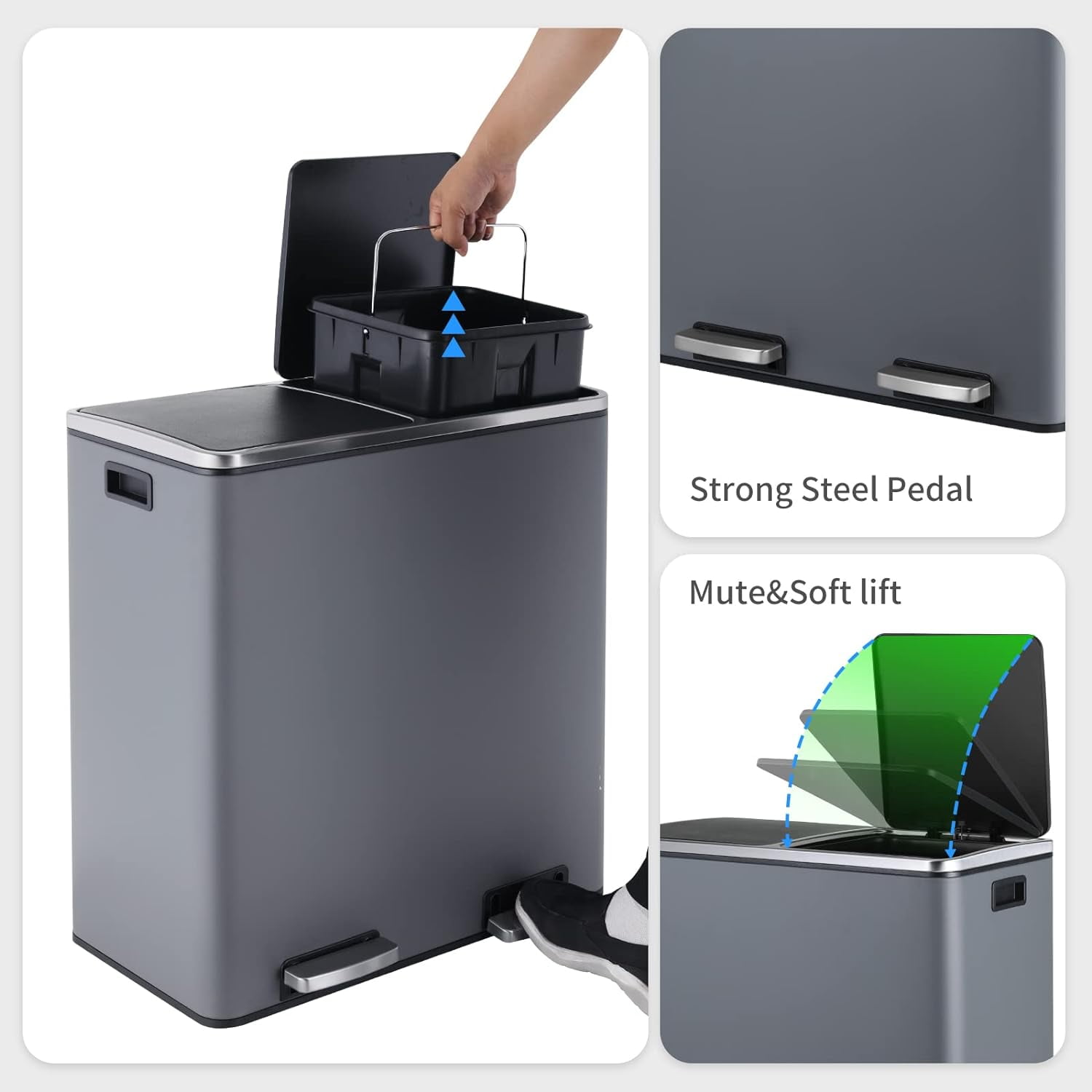 Arlopu 16 Gallon Dual Trash Can with Foot Pedal, Stainless Steel Kitchen Garbage Can with Lids, Double Compartment Classified Recycling Bin