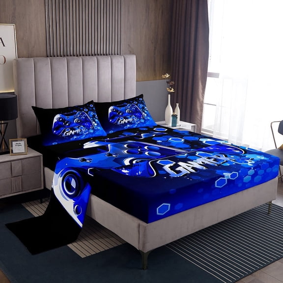 Erosebridal Blue Video Game Sheet Set Twin,Geometric Honeycomb Bedding Sets Twin Size,Gamepad Gamer Twin Sheet Sets,Breathable Gradient Room Decorative,3pcs