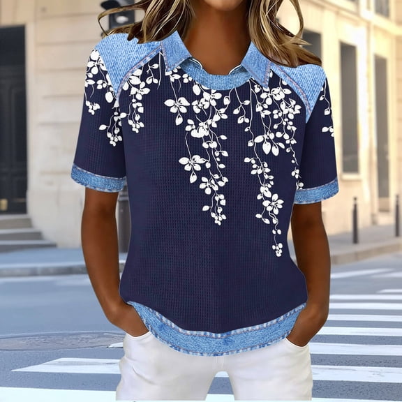 Cutuoiiu Short Sleeve Sweatshirts for Women Daily Printing Denim Patchwork Lapel Waffle Summer Clothes Gifts