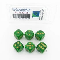 Green Vortex Dice with Gold Pips 16mm (5/8in) D6 Set of 6 Wondertrail