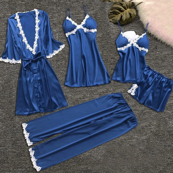 Womens 5Pcs Pajamas Sets Silk Satin Pjs Elegant Solid Color Lace V Neck Cami Underwear Set With Robes Pj Set Blue L