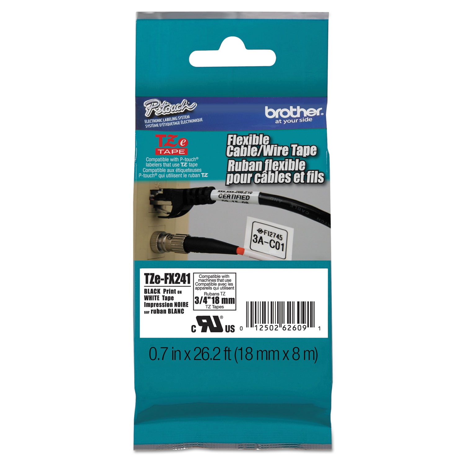 Brother Genuine P-touch TZE-FX241 Tape, 3/4" (0.7") Flexible-ID Laminated Label Maker Tape, Black on White, 0.7 in. x 26.2 ft. (18mm x 8M), TZEFX241