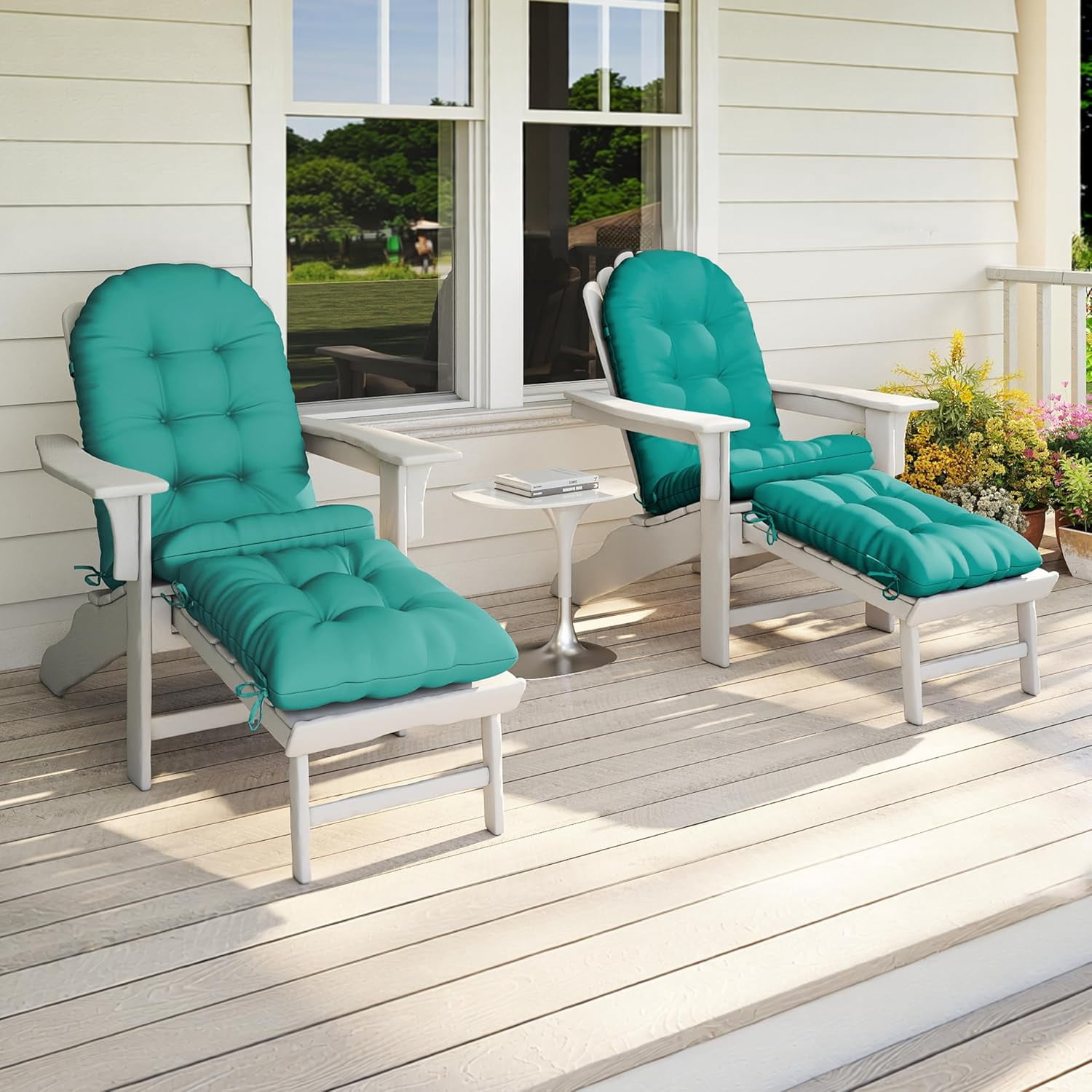 2PCS Outdoor Adirondack Chair Cushions, 44x19x4 inch Waterproof Rocking Chair Cushion with 17x19 Ottoman Cushion, Fade & Stain Resistant, Non-Slip Ties for Patio, Garden, Backyard