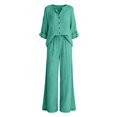 thumbnail image 5 of Women's Two Piece Set, Long Sleeve Button Down Shirt and Elastic Waist Wide Leg Pants, Matching Linen Blend Resort Wear, Beach Cover Up and Loungewear Set for Women-Green, 5 of 5