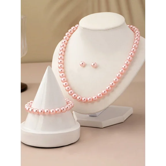 Light Pink Faux Pearl Jewelry Set: Necklace, Bracelet, Earrings