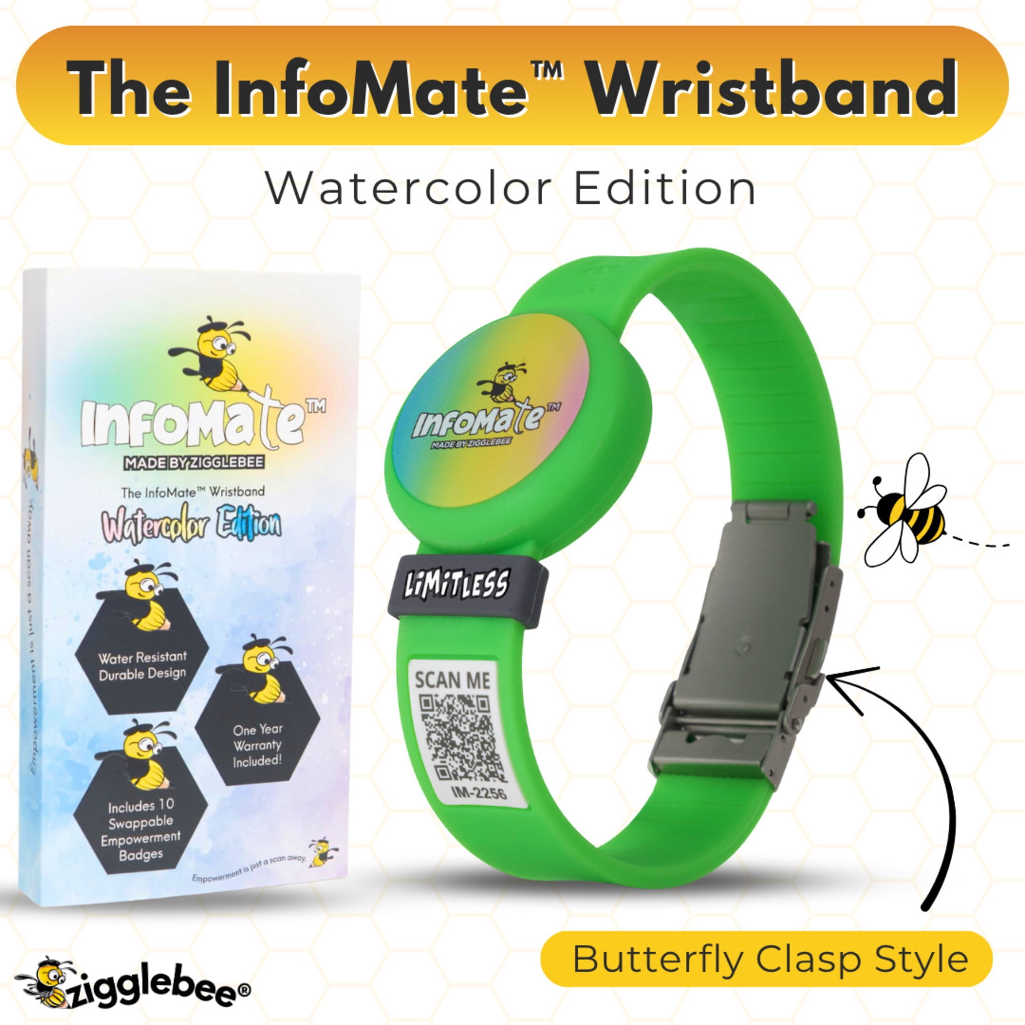 InfoMate by Zigglebee QR Code Medical Bracelet and AirTag Holder Wristband, Lime Green, Butterfly Clasp