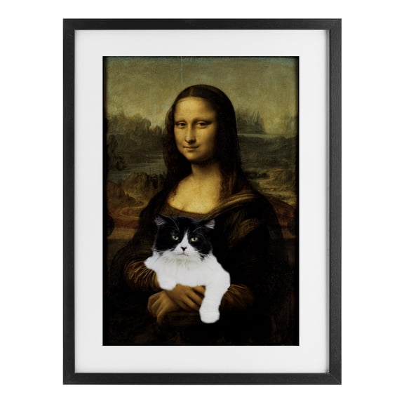 Mona Lisa Cat Lady Black Framed Print Under Glass, design by Masters Redux