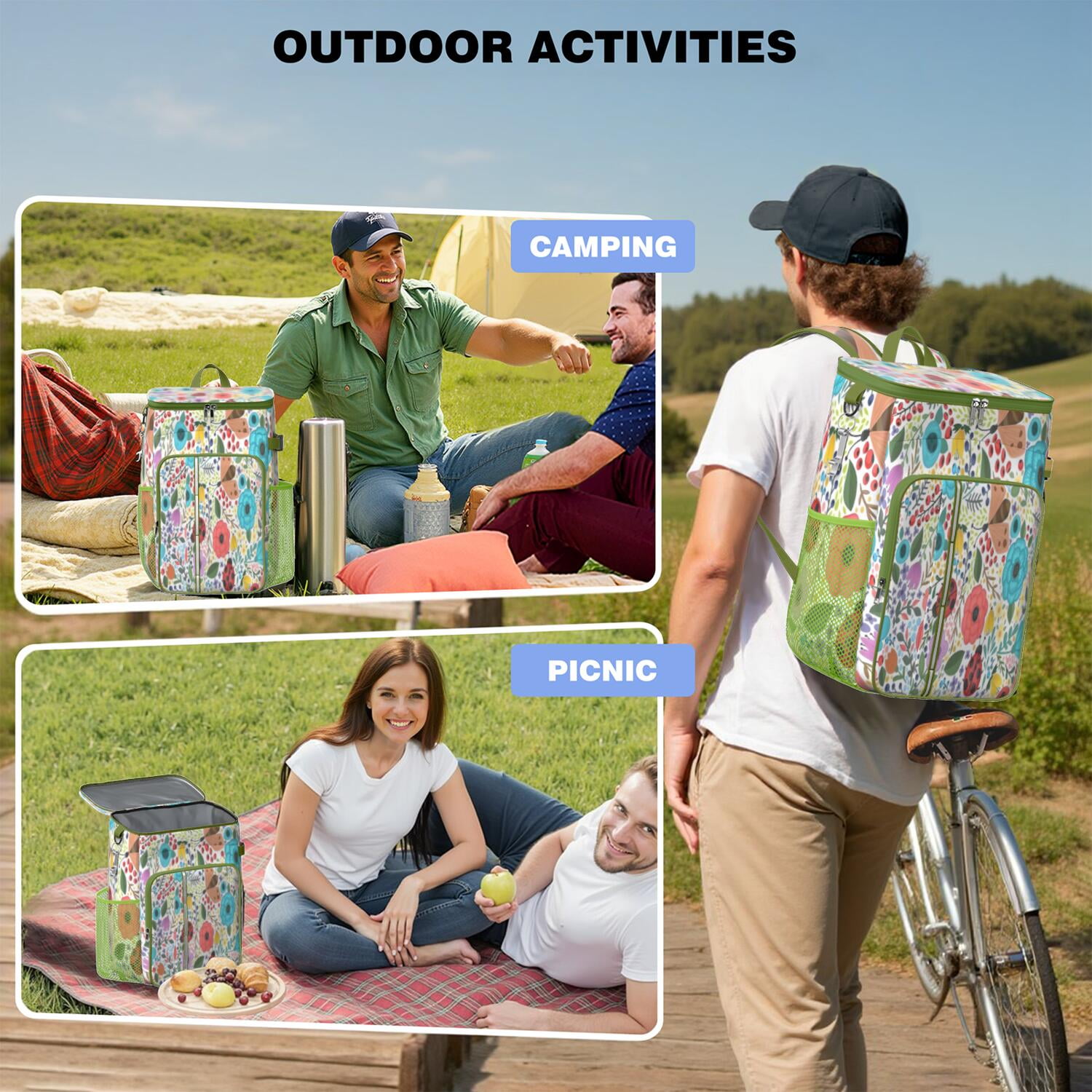 Travel Cooler Bag - Pioneer Flower Floral Print Pattern Camping Beer Cooler Backpack with Bottle Opener- Waterproof Insulated Picnic Backpacks - Cooler Bag for Beach