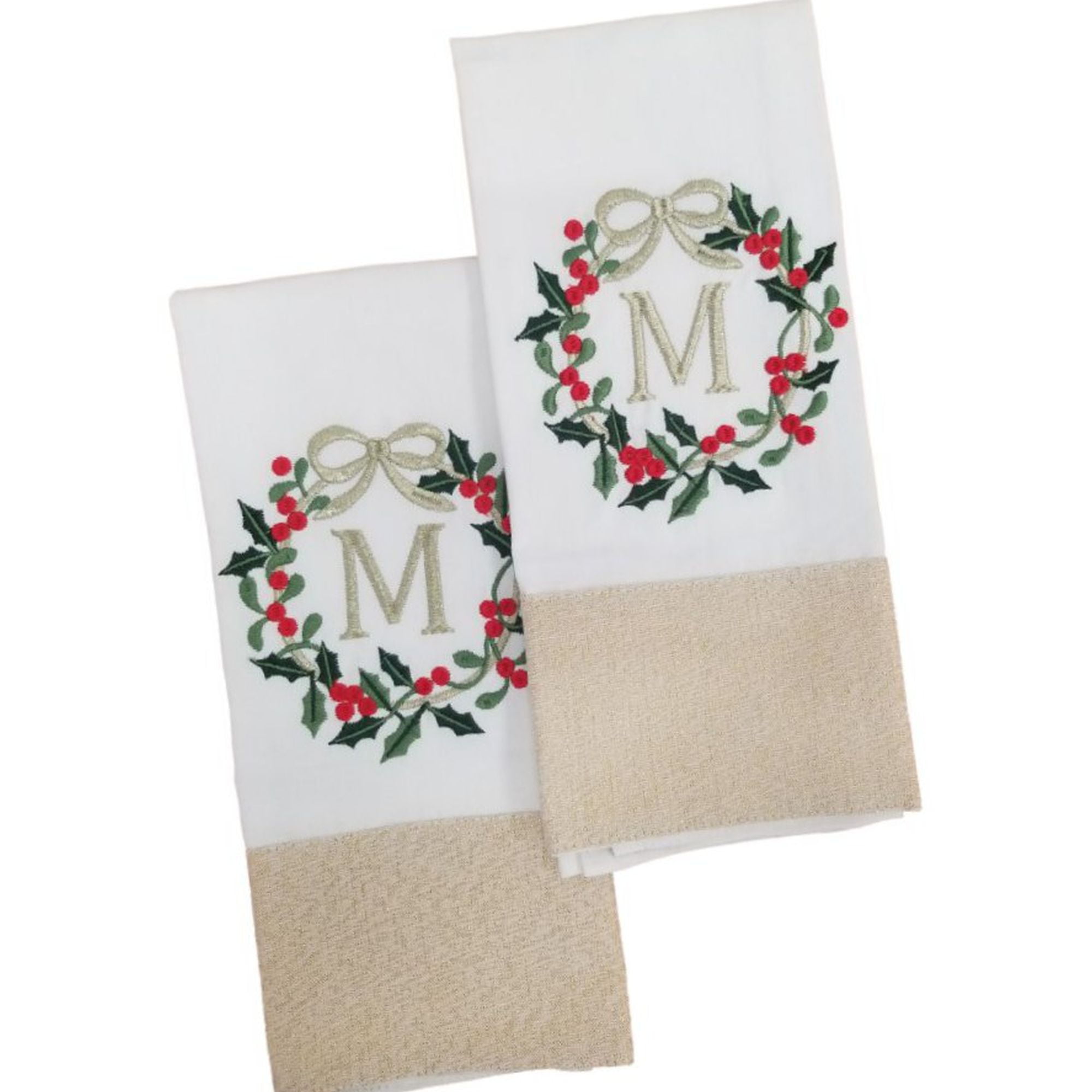 WINTER WONDERLAND Christmas Holly Monogram 2-Piece Hand Towel Set Letter K 