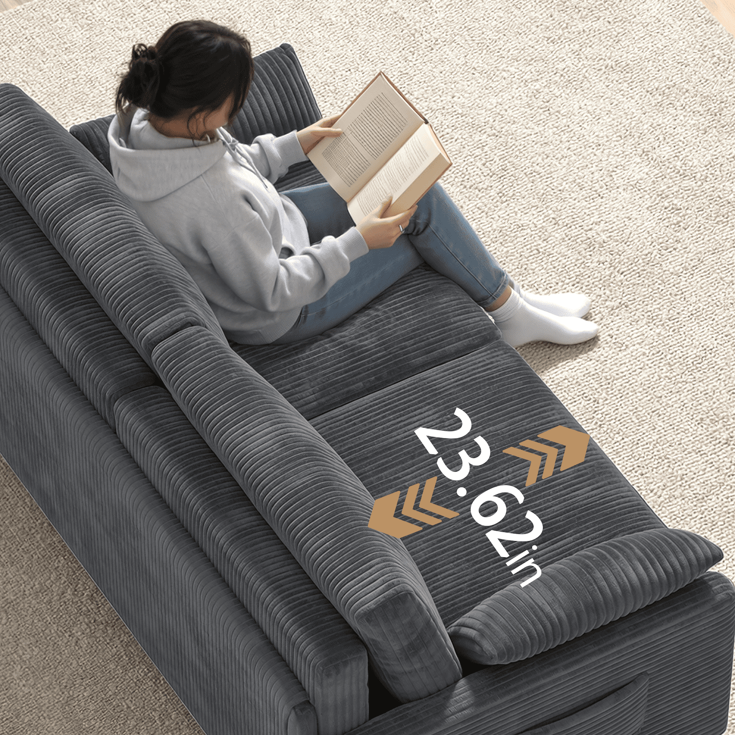 78"W 6 in 1 Convertible  Sofa Bed, Lofka Big Corduroy Sleeper Pull Out Couch with 23.6" Extra Deep Seat, 600 lbs Heavy Duty Metal Frame, Dark Gray