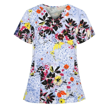 

Women Scrub_Top Working Uniform Blouse Short Sleeve V-Neck Workwear T-Shirt with Pocket Comfy Tops L