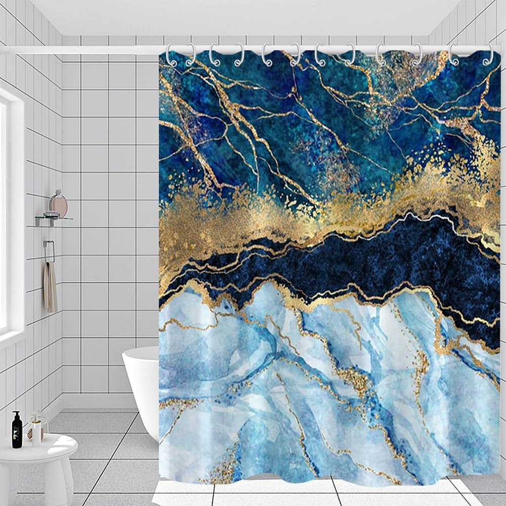 Marble Bathroom Shower Curtain Green Blue Navy Gold Sand Waterproof Fabric Shower Curtains with Hooks Watercolor Abstract Shower Curtains Cloth for Home Bath Decor 72x72 inches
