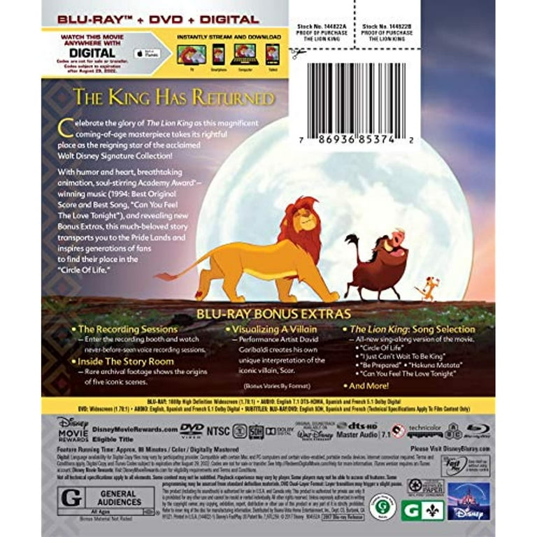 Walt Disney's The Lion King Animated Movie: Blu-ray + DVD +