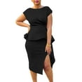 thumbnail image 2 of Women's Elegant Basic Bodycon Ruffle Flared Solid Crew Neck Pencil Midi Dress, 2 of 5