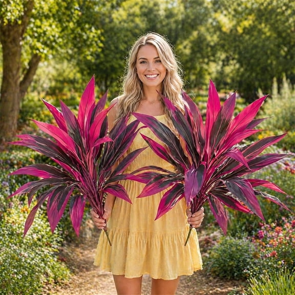 2Pcs Artificial Tropical Plants Outdoor UV Large Realistic Faux Boston Ferns Vibrant Pink Purple Cordyline Red Plastic Hostas Agave Greenery Shrubs Flower Grass for Patio Front Porch Decor