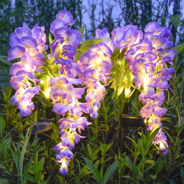 Luces solares para exteriores, LED solares, lámpara de pie con múltiples cabezales de simulación de flores de glicina, lámpara de pie para exteriores, patio, villa, decoración, lámpara de jardín, lámp