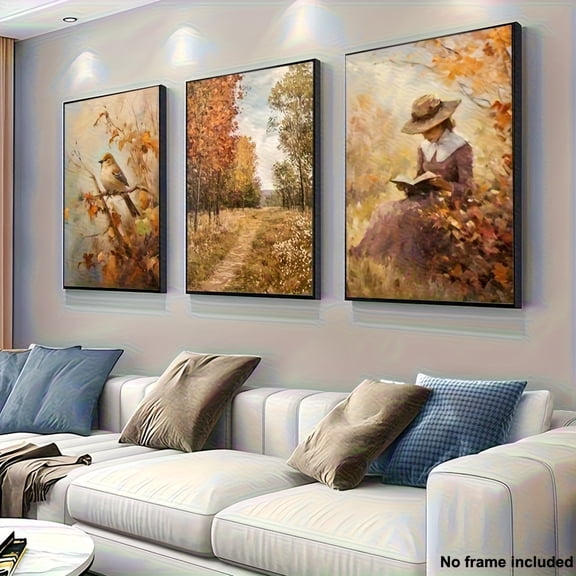 2D Flat, 2D Frameless Decorative Painting Set of 3, 2D Frameless Canvas Art, Three-Piece Living Room Wall Decor, Classic Autumn Lady Reading Forest Bird Tree Oil Painting Print, Country Canvas Poste