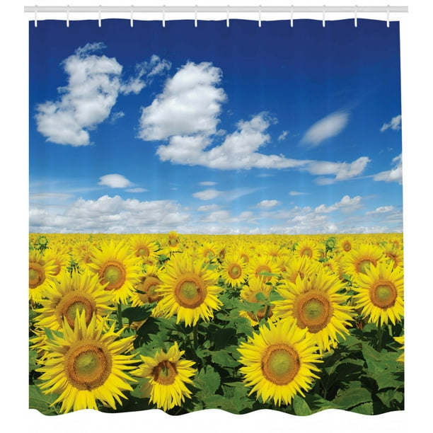 Sunflower Decor Shower Curtain Set, Fresh Sunflowers Field Under Bright