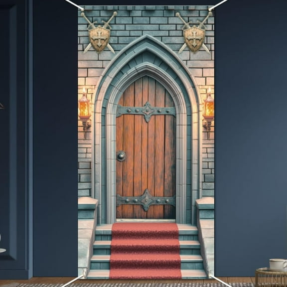 Castle Door Cover Banner 2.9x5.9 Ft Medieval Party Banner Decoration Backdrop Arched Door Window Stone Wall Background Hanging Door Decorations Supplies