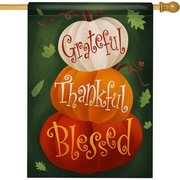 Thanksgiving Grateful Thankful Blessed House Flag Double Sided, Fall White Pumpkin Maple Leaves Decorative Garden Yard Outdoor Large Decor, Autumn Farmhouse Burlap Home Outside Decoration 28x40