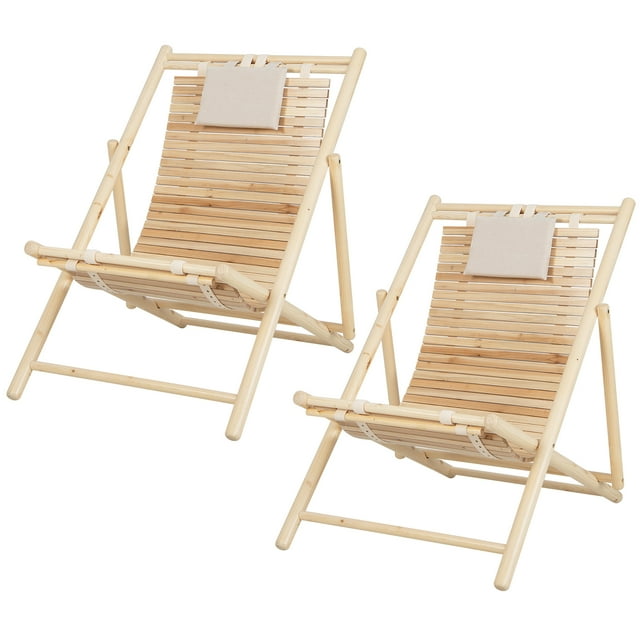Costway 2 Pcs Chaise Longue Pliante en Bois pour Patio Extérieur Réglable Sans Assemblage