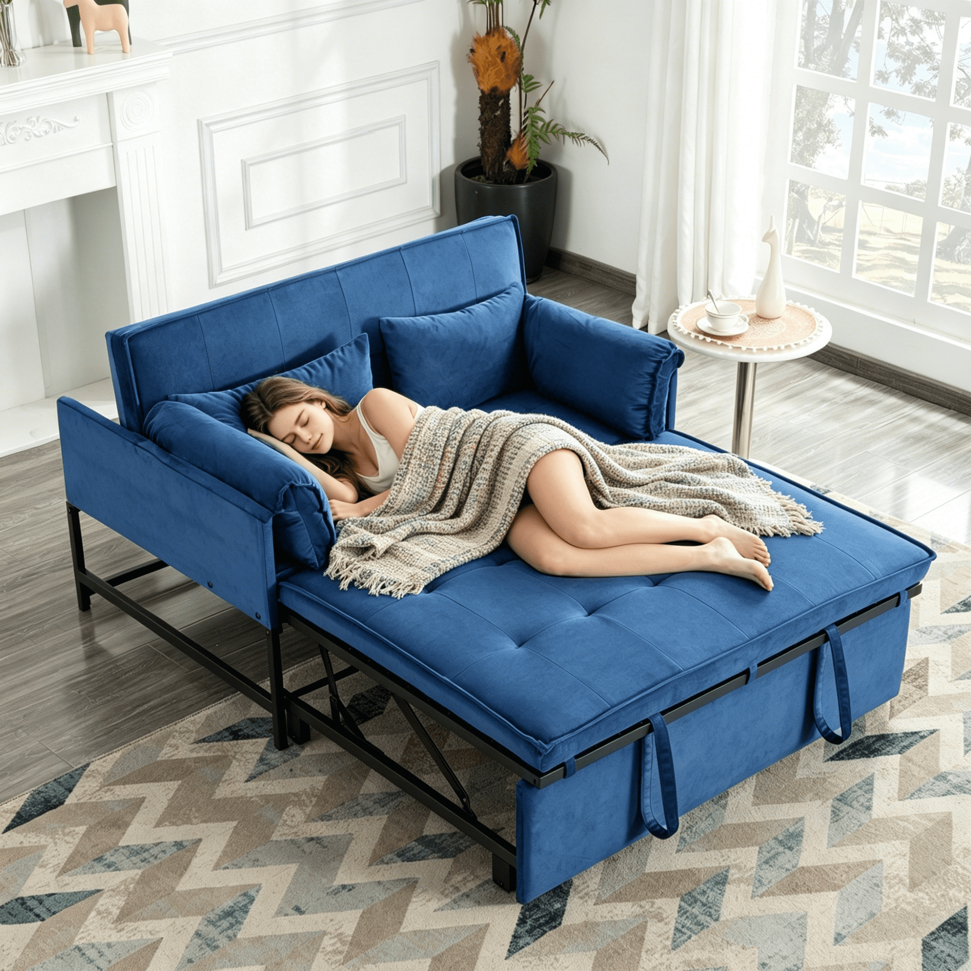 Gewnee 46"3 in 1 Convertible Sofa Bed,Pull-out Sleeper with 5 Reclining Positions for Living Room,Apartment,Velvet Navy Blue