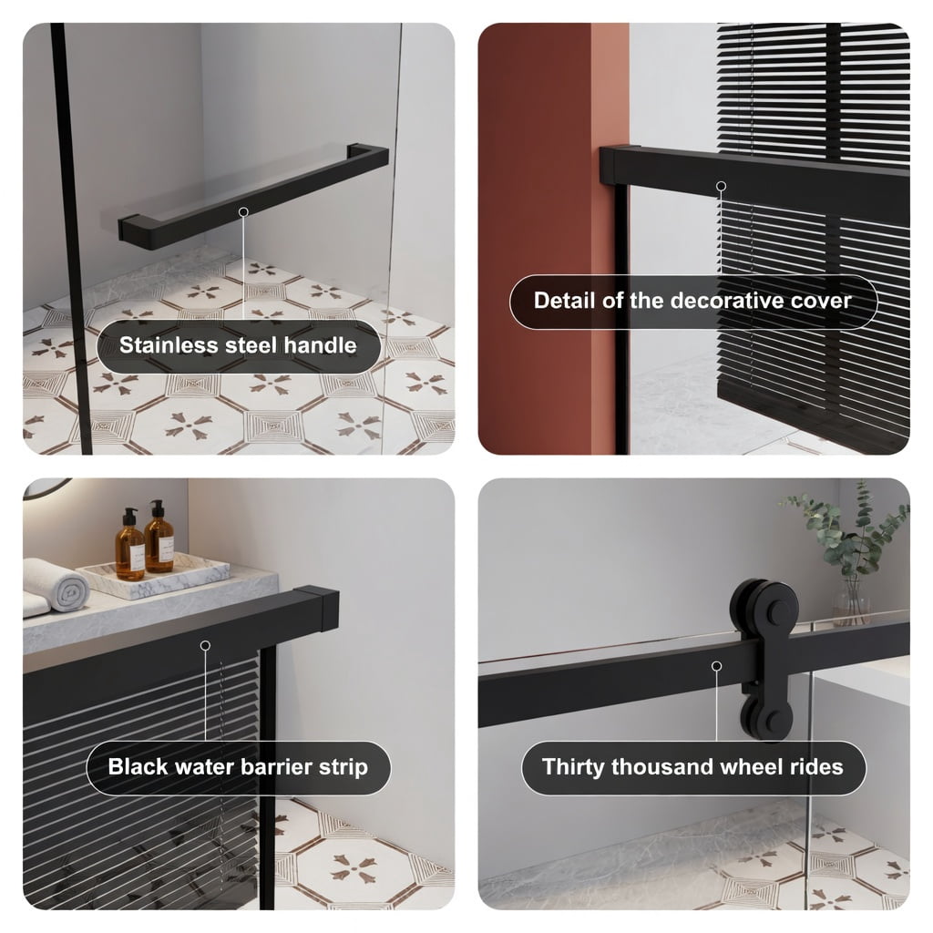 Hommoo 60" x 62" Frameless Aluminum Sliding Shower Door, Dual Soft-Close Doors, Adjustable Width, Enhanced Leak Protection, Black & Transparent