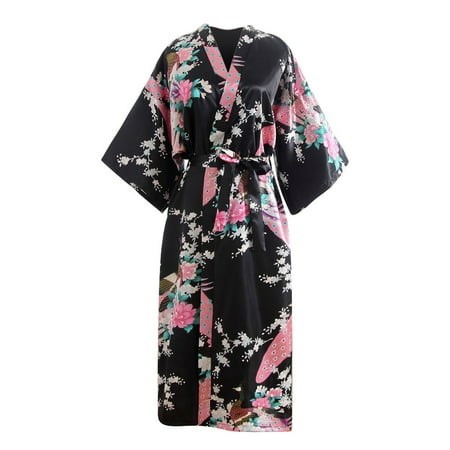 EHTMSAK Women Kimono Dressing Gown Bathrobe Japanese Anime Dance Kimono Robe Fancy Dress Floral Print Lingerie Nightdress Black As Show