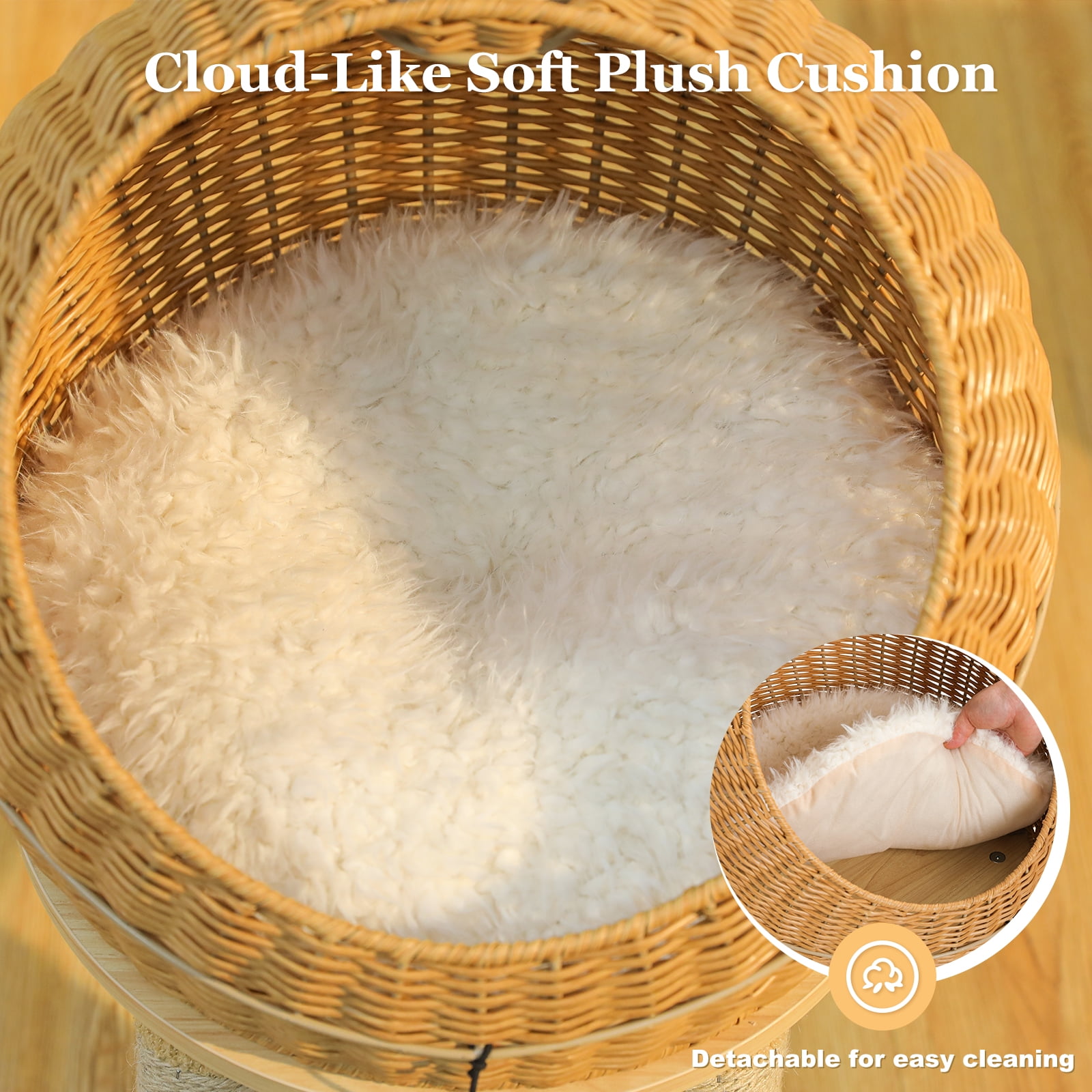 Pefilos Modern 46" Dinosaur Cat Tree Tower with Scratching Post, Rattan Cats House in 18" Diameter, Wicker Cats Bed with Removable Mat, Beige