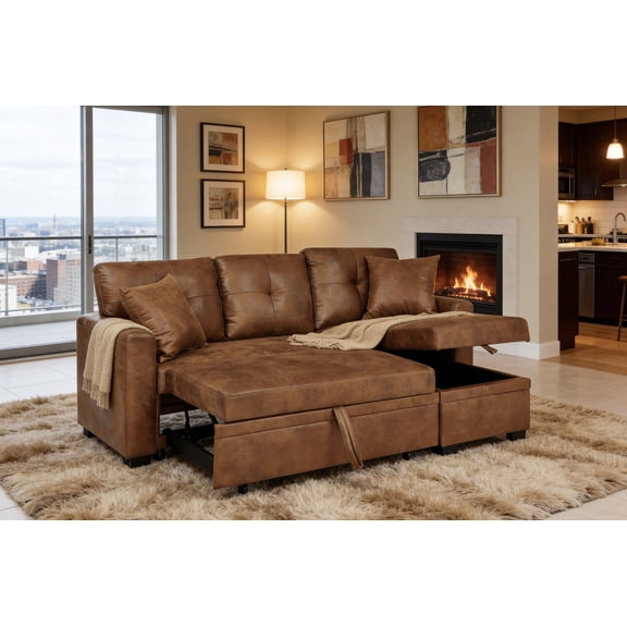 Sleeper Sofa, Sectional with Pull-Out Bed, Reversible Chaise, Storage Sectional, Light Brown breathable fabric, Small Space Solution, Convertible Sofa Bed, Living Room Furniture, L-Shape