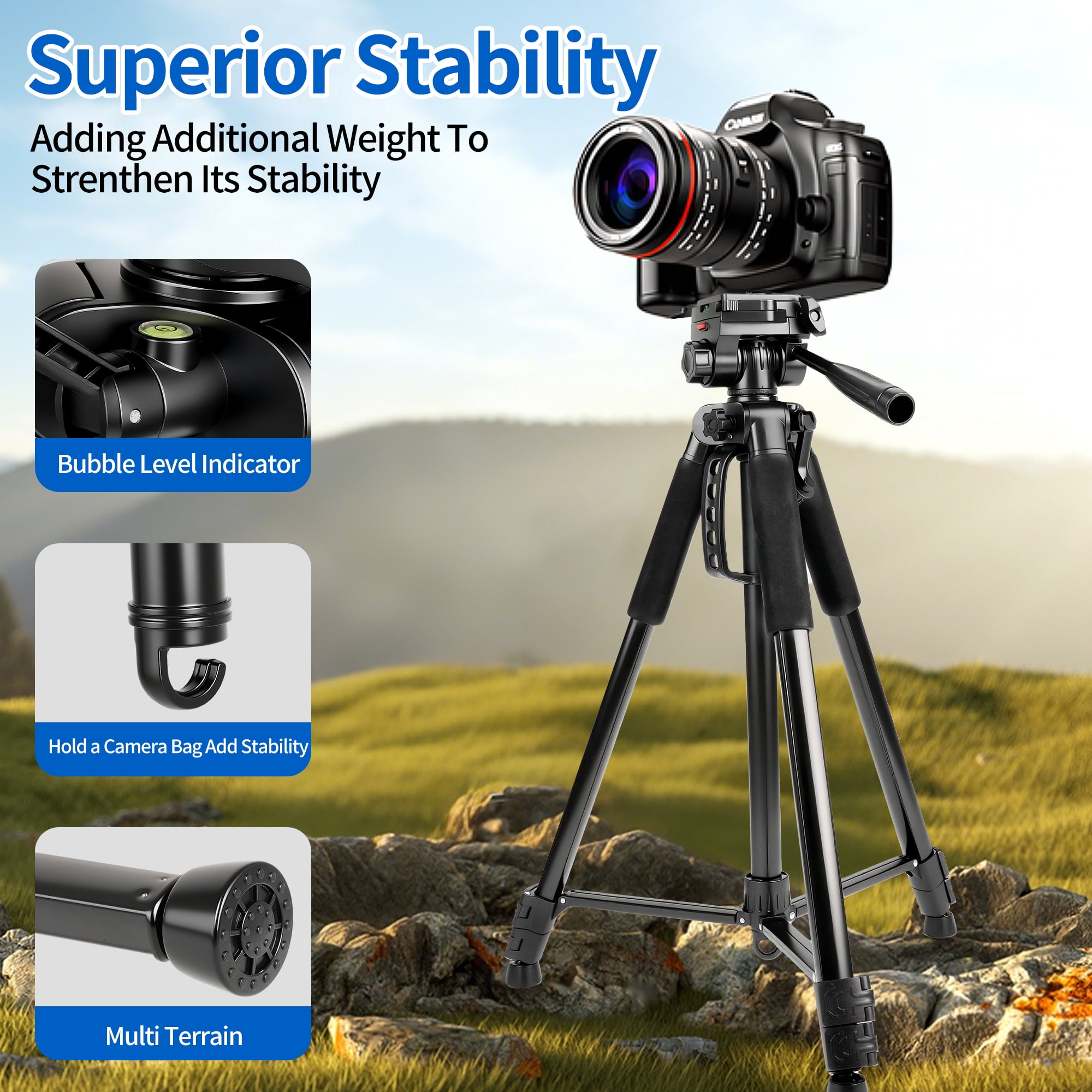 71" Camera Tripod, BUSATIA Tripod for Camera, Phone Video Recording, Heavy-Duty Camera Tripod Stand, 11lb Load Capacity, Adjustable Height from 24" to 71'', for Camera, Phone, Projector, Webcam