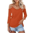 thumbnail image 4 of New Summer Oversize 3/4 Sleeve Shirts for Womens 2024 Fashion Solid Color V-Neck Pullover Strapless Tops Shirts Blouse, 4 of 7