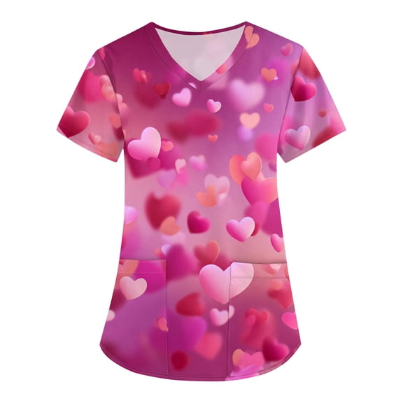 Valentine's Day Scrub Tops for Women Stretchy Vneck Short Sleeve Cute Heart Printed Shirts Valentine's Day Nurse Uniforms Workwear Tops with Pockets