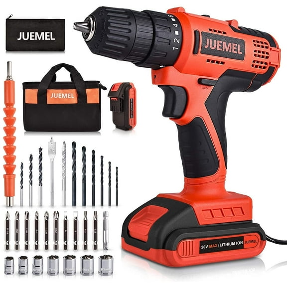 JUEMEL 20V Electric Cordless Drill Set: 2 Batteries, 3/8" Chuck, 2 Variable Speed, 30pcs Bits