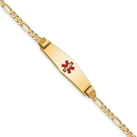 14K Yellow Gold Medical Soft Diamond Shape Red Enamel Figaro Id Bracelet (7 X 7.5) Made In United States xm550cc-7