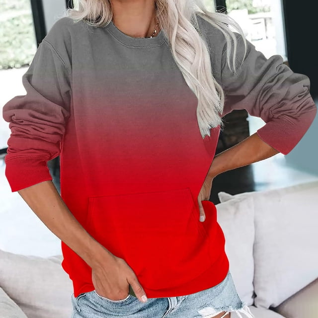 Frostluinai Chandail pour Femmes à Manches Longues, Col Rond, Coupe Ample, Chandail Décontracté, Tunique Dégradée, Hauts Confortables d'Automne, Chandails Molletonnés avec Poche