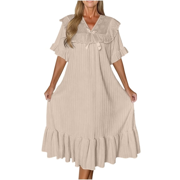 Mlkoz Nightgowns for Women Loose V Neck Short Sleeve House Dress Soft Pleated Hem Dresses Sleepwear M-5XL