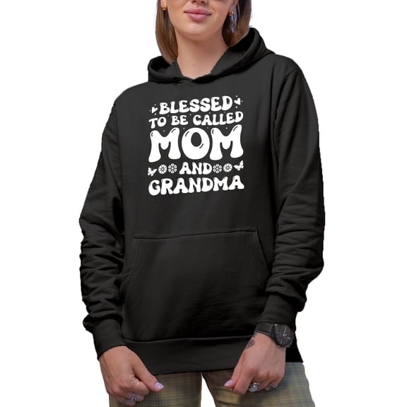 Blessed to Be Called Mom and Grandma - Wavy Text, Mother's Day or Birthday, Black Hooded Sweatshirt or Hoodie, XL