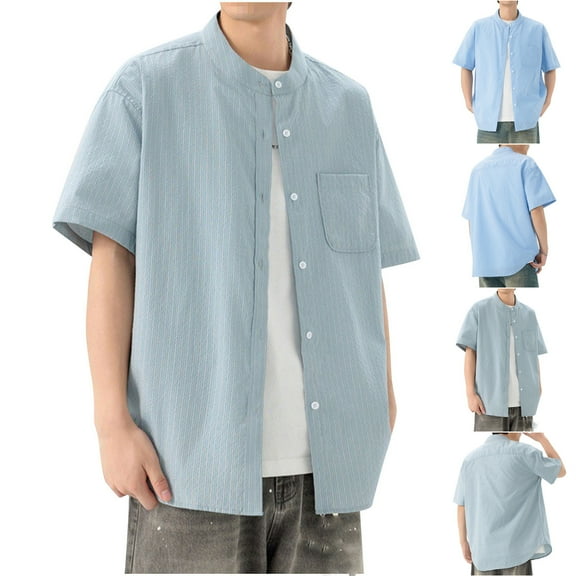 Ashirexll Button up Shirt Men, Big and Tall Shirts for Men, Fashion Stripe Stand-up Collar Shirts Plus Size Button up Shirts Short Sleeve with Pocket