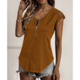 thumbnail image 2 of Mujer Cremallera Cuello En V Encaje Crochet Ojal Top Manga Corta Camisa Casual Transpirable Color Puro Caqui S, 2 of 6