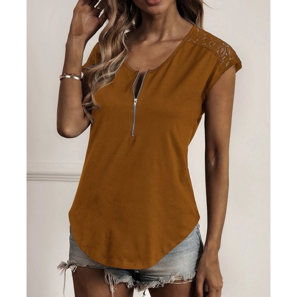 Blusa de encaje con cuello con cremallera, blusa de encaje con cremallera y manga corta con cuello en V y cremallera para mujer, blusa de encaje con cremallera y manga corta, rendimiento impulsado