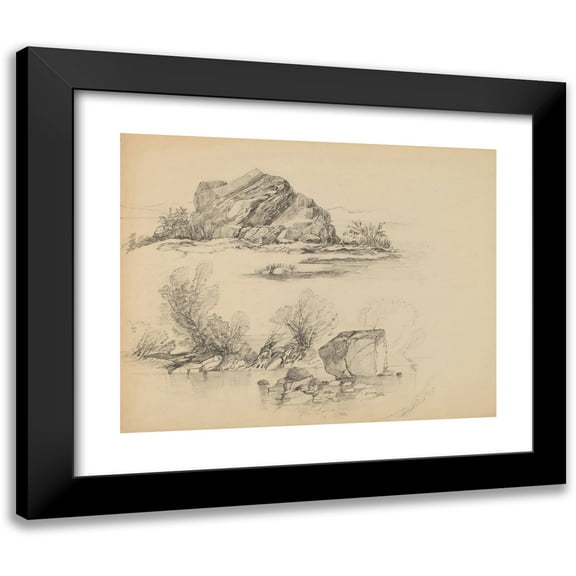 John William Casilear 14x12 Black Modern Framed Museum Art Print Titled - Rocks Along a Lakeshore (Recto)