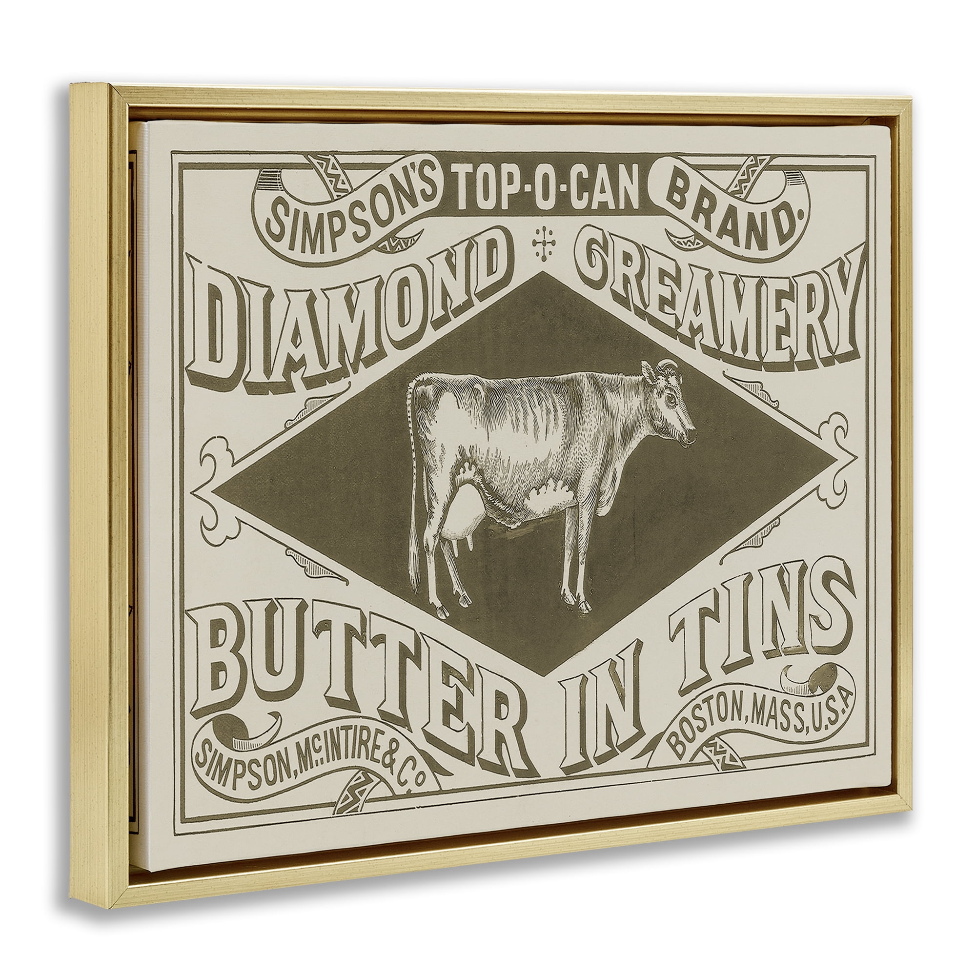 Stupell Industries Vintage Creamery Advertisement Food & Beverage Painting Gold Floater Framed Canvas Art Print Wall Art, 21 x 17