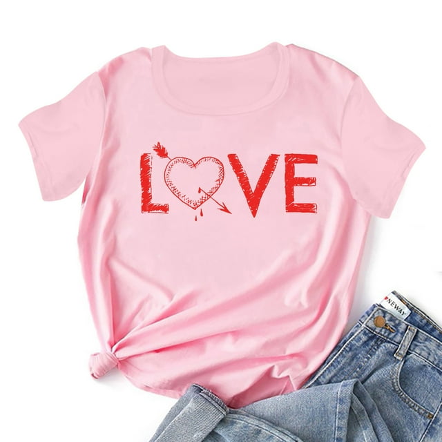 Hauts d'Été Grande Taille pour Femmes, Mode Décontractée, T-shirt à Manches Courtes Imprimé pour la Saint-Valentin, Hauts Graphiques Originaux, T-shirt à Col en V pour Femmes en Liquidation