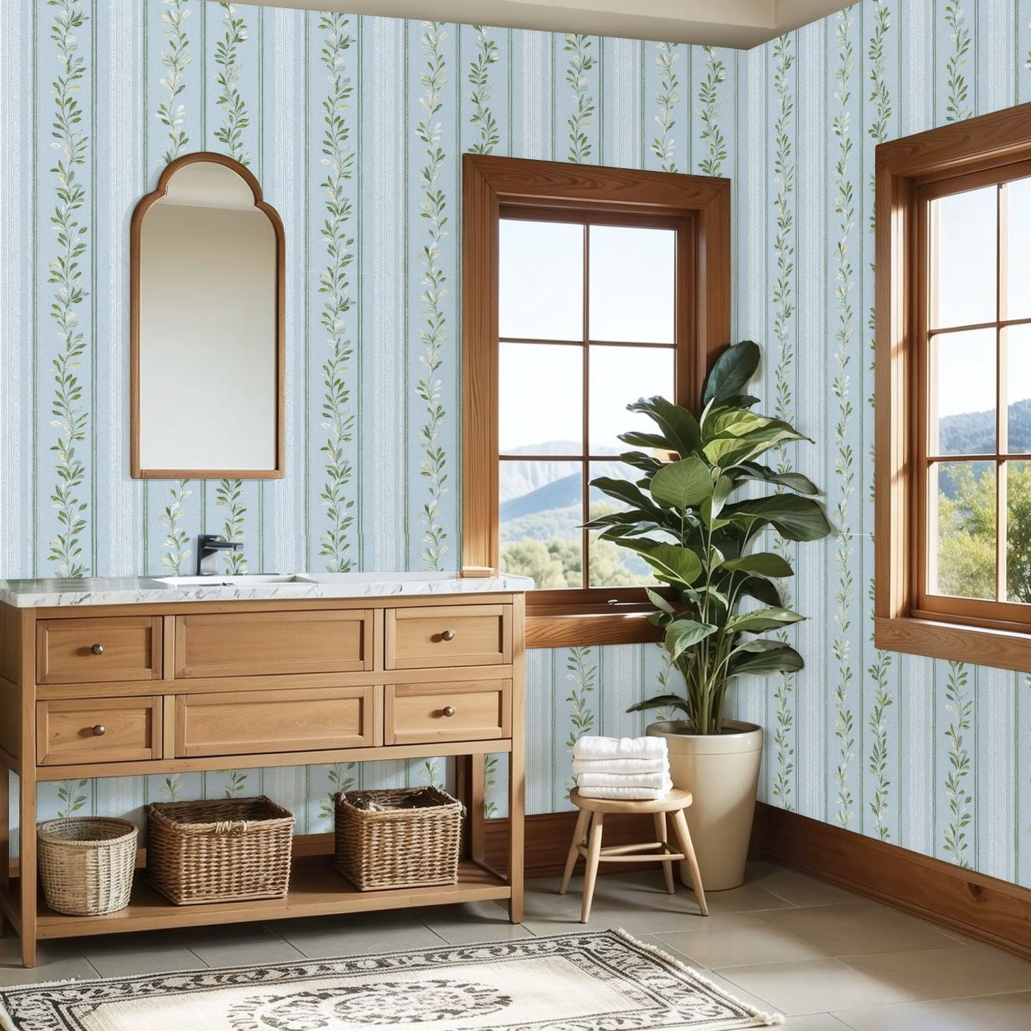 Sage Green Peel and Stick Wallpaper Elegant Floral Vine Light Blue Subtle Stripes Wall Mural 23.6in x 9.8ft Self Adhesive Removable Wall Paper Renter Friendly Wallpaper for Girls Bedroom